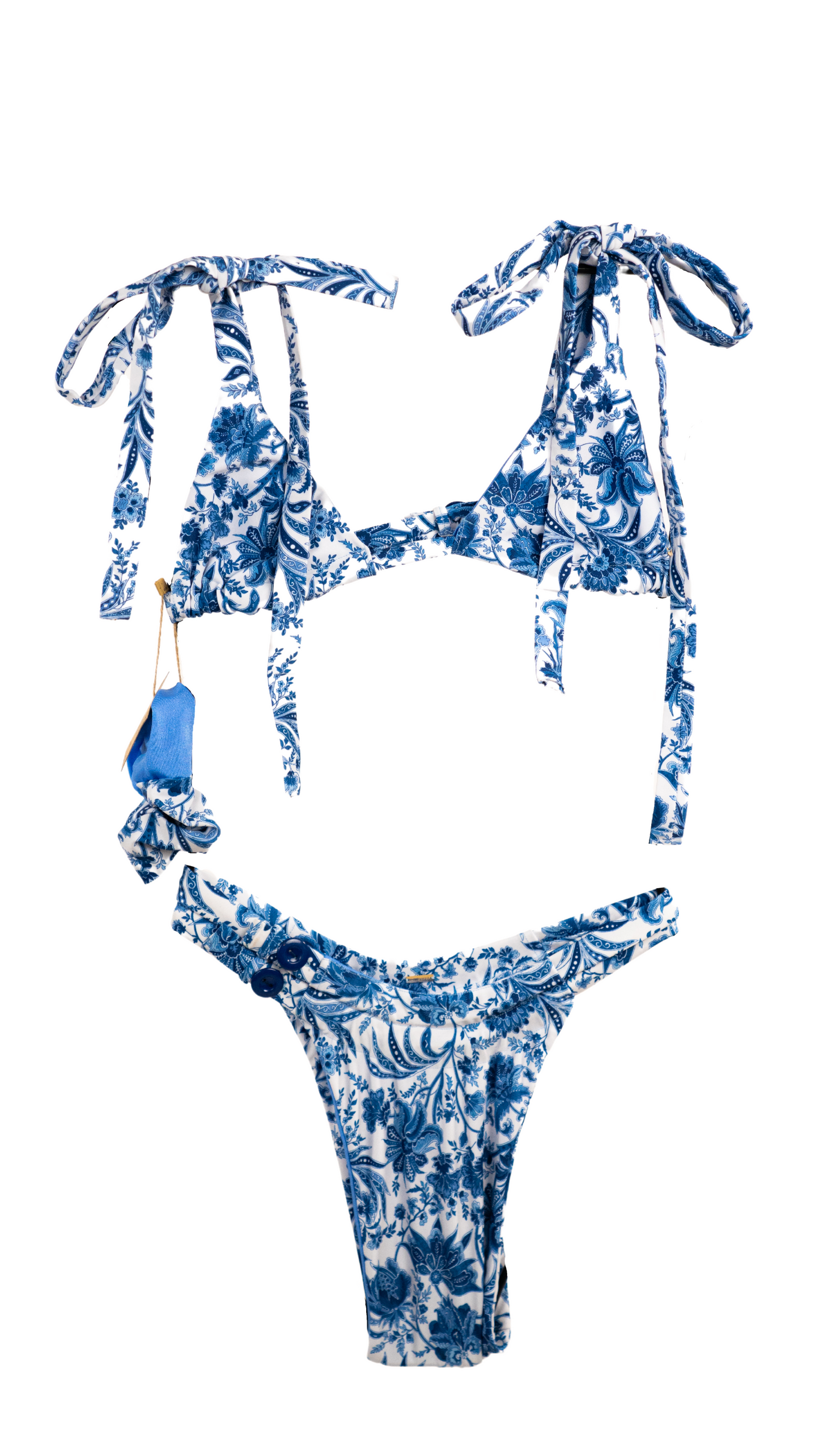 Blue triangle bikini. High waist bikini. Reversible bikini. Strappy bikini.