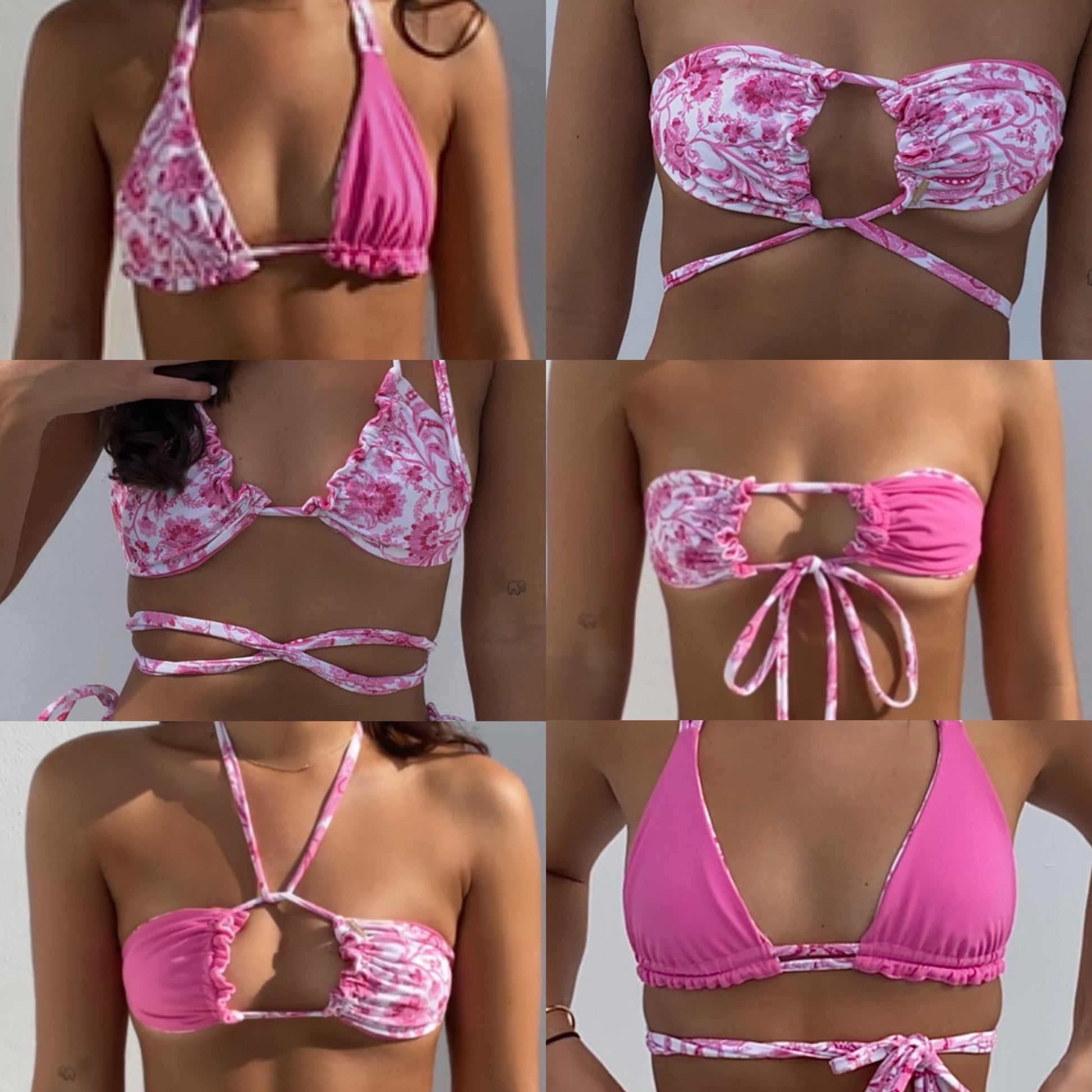 Pink paisley bikini. Pink side tie bikini. Reversible bikini. Ruffle bikini. Strappy bikini. 