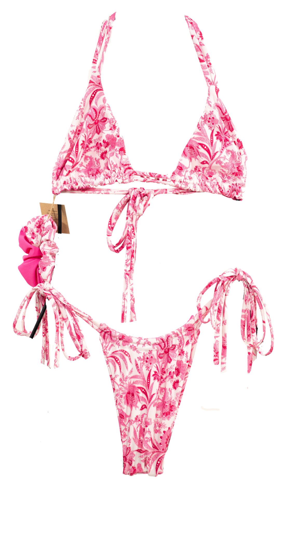 Pink paisley bikini. Pink side tie bikini. Reversible bikini. Ruffle bikini. Strappy bikini. 