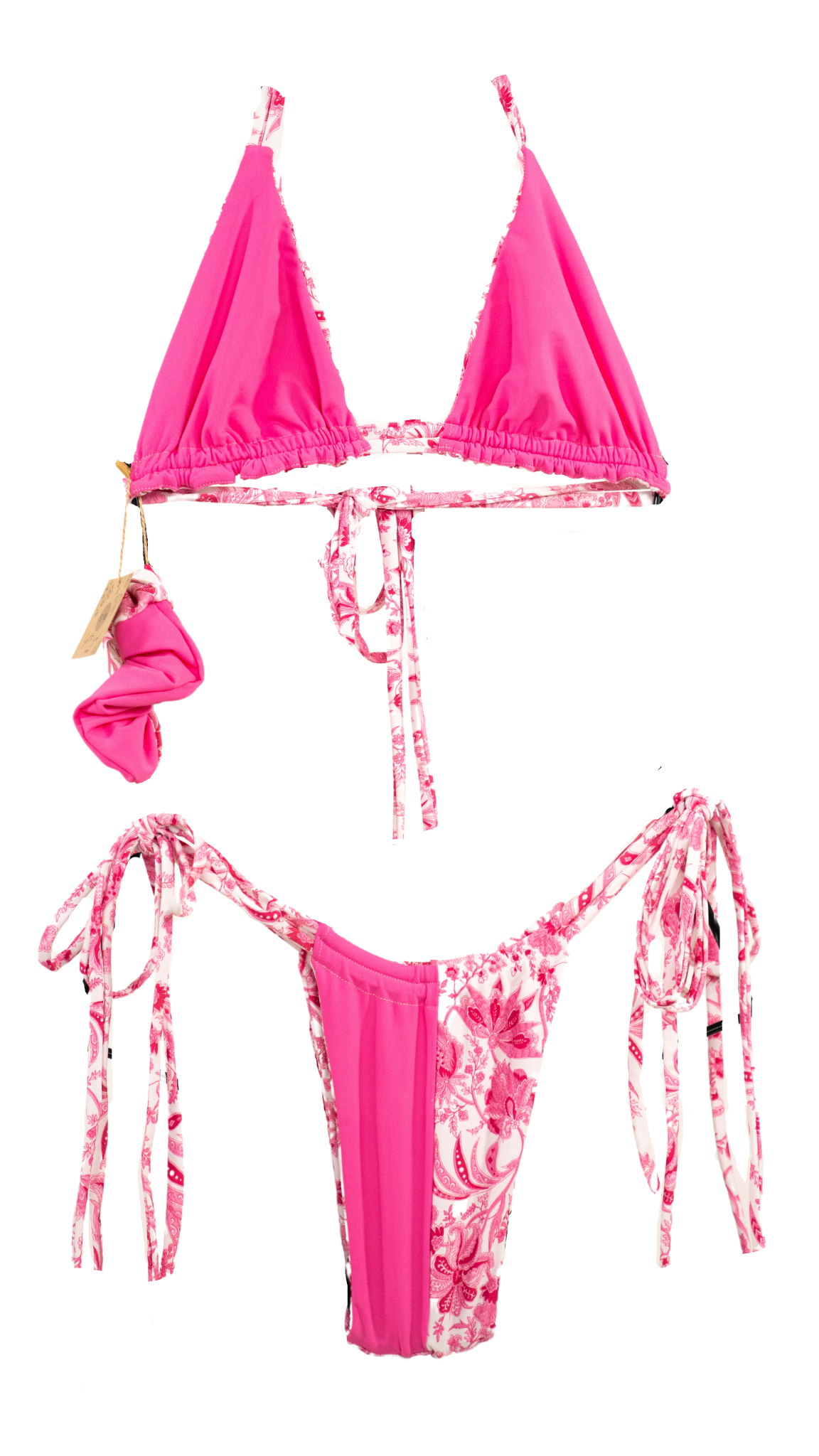 Pink paisley bikini. Pink side tie bikini. Reversible bikini. Ruffle bikini. Strappy bikini. 